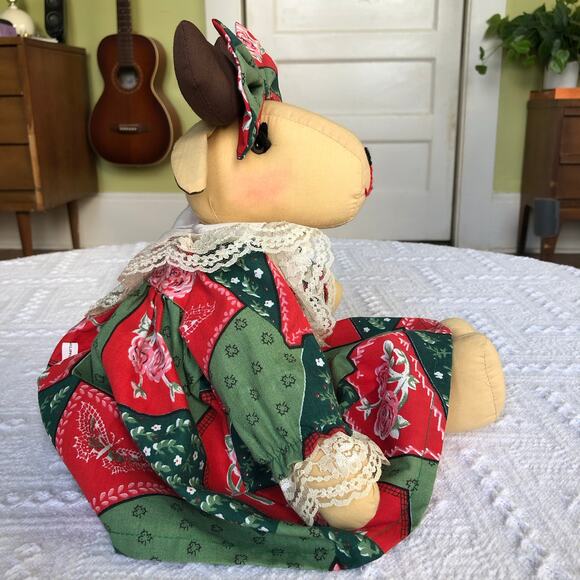 Handmade Country Christmas Moose Doll 16” Patchwork Lace Dress Farmhouse Decor - Picture 6 of 16